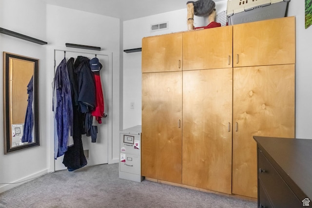 unfurnished bedroom with light colored carpet and a closet