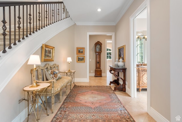 tiled entryway with baseboards, crown molding, stairs, and recessed lighting