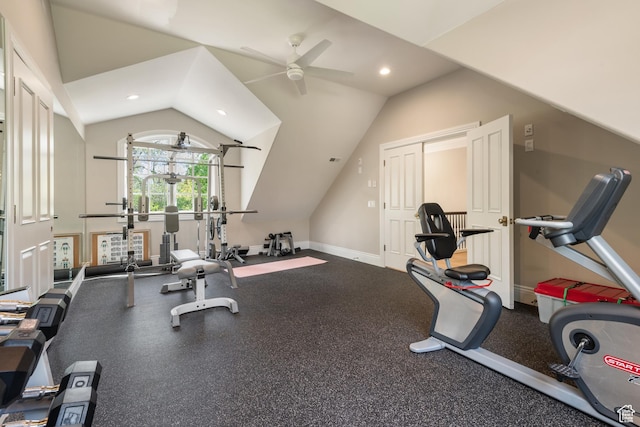 workout room with lofted ceiling, ceiling fan, and recessed lighting