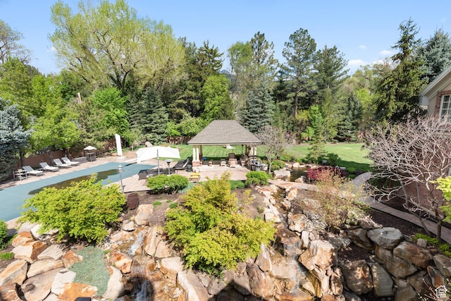 view of community with a gazebo, a patio area, and a pool