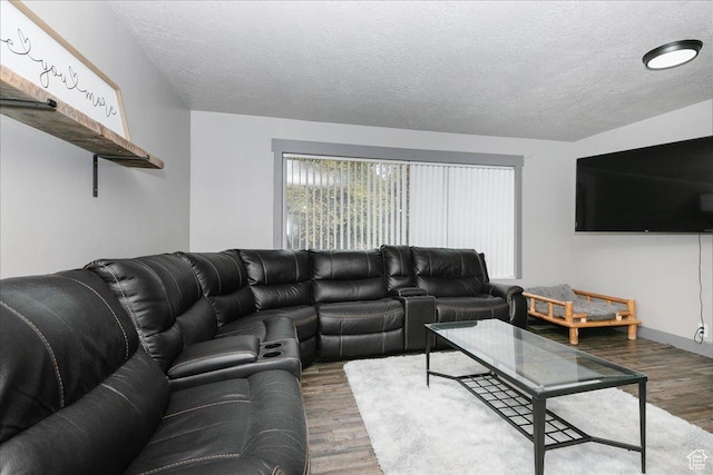 living area featuring a textured ceiling and wood finished floors