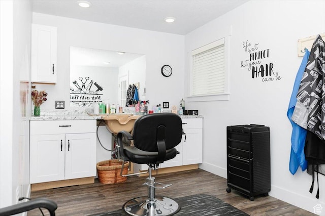 office space featuring dark wood-style floors, recessed lighting, and baseboards