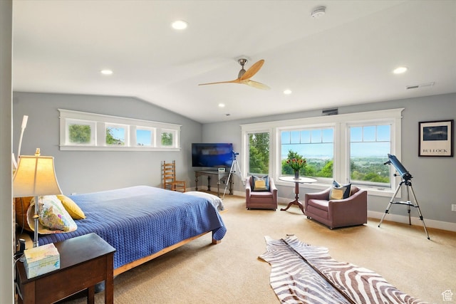carpeted bedroom with recessed lighting, a ceiling fan, lofted ceiling, and baseboards