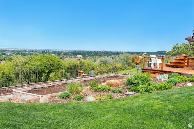 view of grassy yard featuring a wooden deck and a vegetable garden