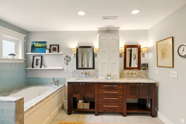 full bathroom with backsplash, double vanity, tile patterned floors, a bath, and recessed lighting