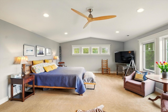 bedroom with carpet, vaulted ceiling, baseboards, recessed lighting, and ceiling fan