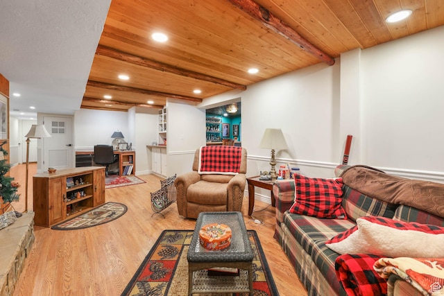 living room featuring wood finished floors, an office area, recessed lighting, and wooden ceiling
