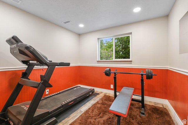 exercise area featuring a wainscoted wall and wooden walls