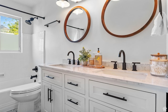 bathroom featuring double vanity, toilet, and shower / tub combo with curtain