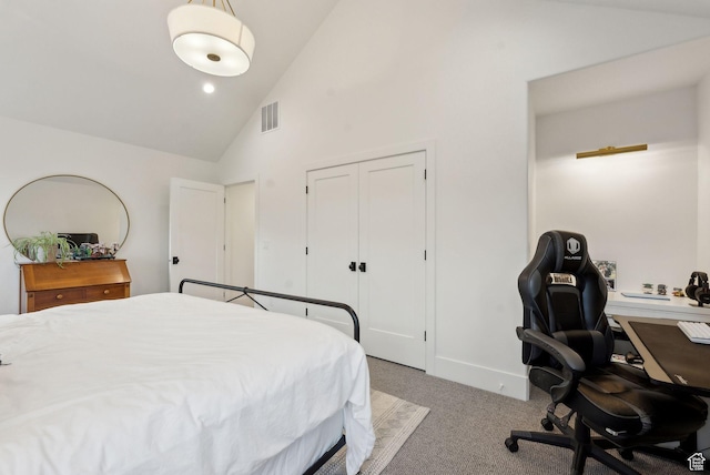 1677 Lambert Ln, Kamas, UT 84036 - carpeted bedroom featuring high vaulted ceiling, an office area, a closet, and baseboards