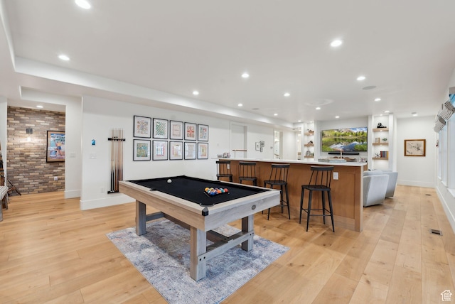 1677 Lambert Ln, Kamas, UT 84036 - recreation room with light wood-style floors, pool table, recessed lighting, brick wall, and bar with sink