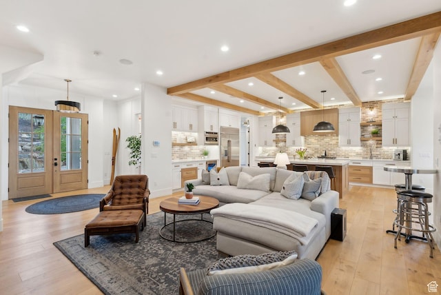 1677 Lambert Ln, Kamas, UT 84036 - living area featuring light wood-style floors, recessed lighting, and beamed ceiling