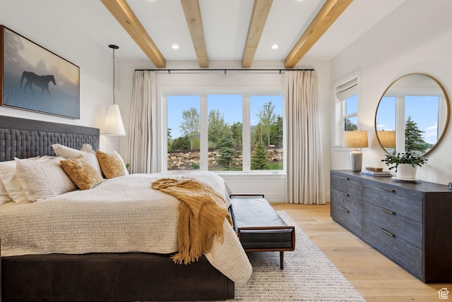 1677 Lambert Ln, Kamas, UT 84036 - bedroom featuring beamed ceiling, light wood-style flooring, and recessed lighting