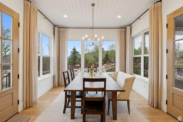 1677 Lambert Ln, Kamas, UT 84036 - dining space with a chandelier, wooden ceiling, light wood-type flooring, and recessed lighting