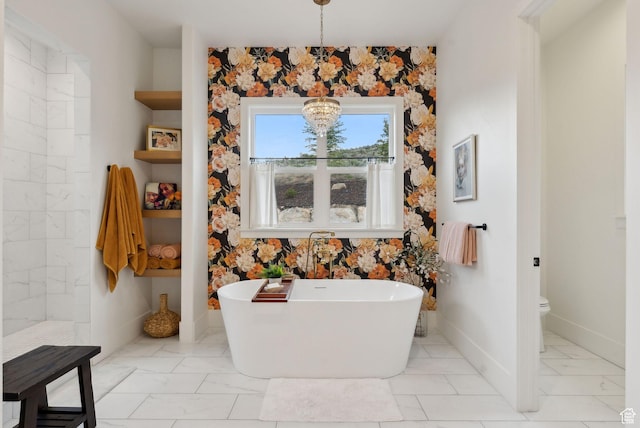 1677 Lambert Ln, Kamas, UT 84036 - bathroom with a soaking tub, toilet, marble finish floors, a chandelier, and baseboards