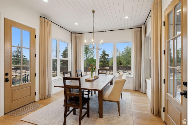 1677 Lambert Ln, Kamas, UT 84036 - dining room featuring a chandelier, wooden ceiling, light wood-style flooring, and recessed lighting