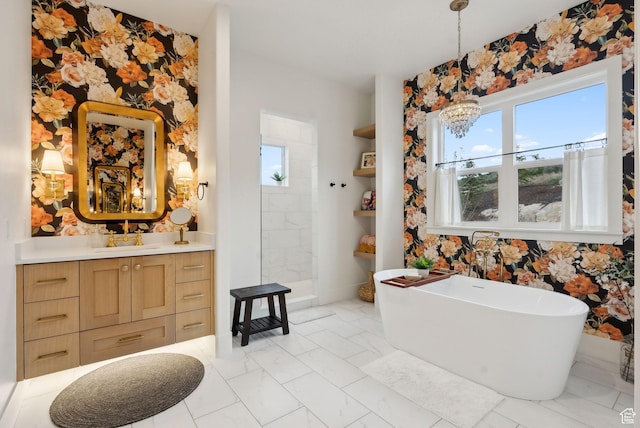 1677 Lambert Ln, Kamas, UT 84036 - full bath with wallpapered walls, a chandelier, marble look tiles, walk in shower, and a freestanding bath