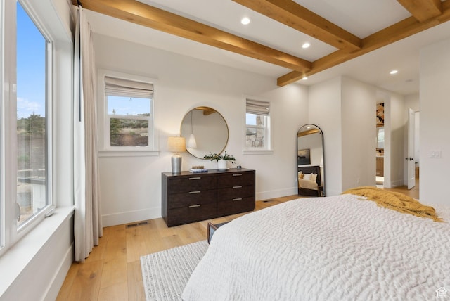 1677 Lambert Ln, Kamas, UT 84036 - bedroom with beamed ceiling, recessed lighting, light wood finished floors, and baseboards