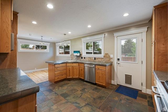 2925 N 220 E, Provo, UT 84604 - kitchen with dishwasher, baseboards, a peninsula, brown cabinetry, and recessed lighting