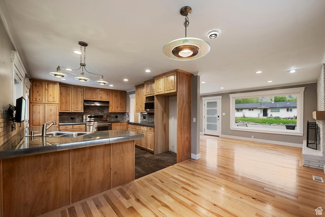 2925 N 220 E, Provo, UT 84604 - kitchen with a sink, stainless steel appliances, dark countertops, dark wood finished floors, and backsplash