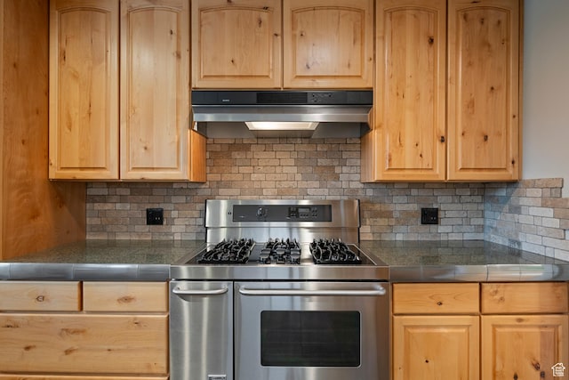 2925 N 220 E, Provo, UT 84604 - kitchen with double oven range, under cabinet range hood, light brown cabinets, and tasteful backsplash