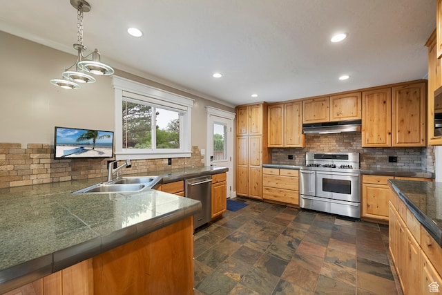 2925 N 220 E, Provo, UT 84604 - kitchen with stainless steel appliances, under cabinet range hood, a sink, decorative backsplash, and recessed lighting