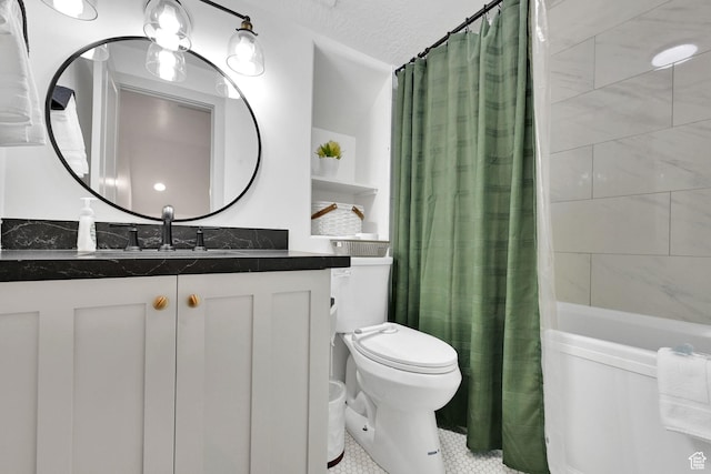 3553 N Willow Creek Ln E, Eden, UT 84310 - full bathroom featuring toilet, shower / tub combo, vanity, and tile patterned floors