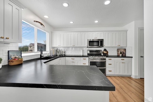 3553 N Willow Creek Ln E, Eden, UT 84310 - kitchen featuring stainless steel appliances, a sink, dark countertops, a textured ceiling, and recessed lighting