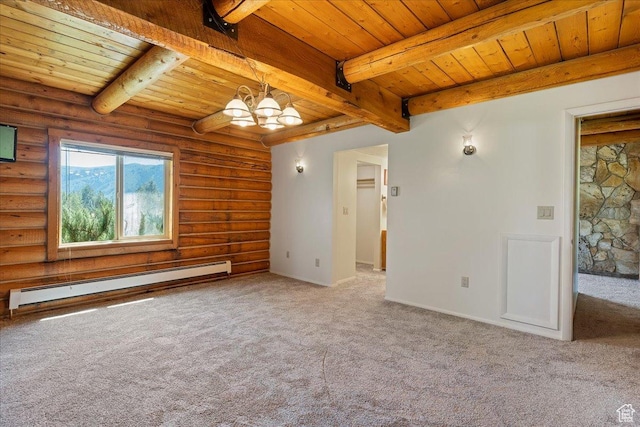 5375 N 3325 E, Eden, UT 84310 - carpeted empty room featuring baseboard heating, wooden ceiling, beamed ceiling, a chandelier, and log walls