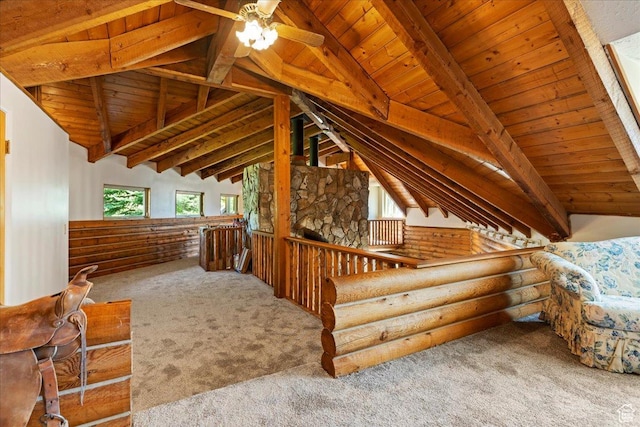 5375 N 3325 E, Eden, UT 84310 - bonus room featuring carpet floors, wooden ceiling, a ceiling fan, and rustic walls