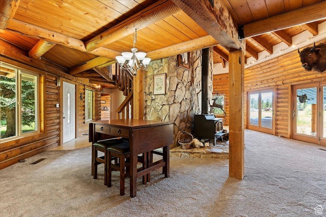 5375 N 3325 E, Eden, UT 84310 - carpeted dining room featuring wood ceiling, rustic walls, beam ceiling, a chandelier, and stairs