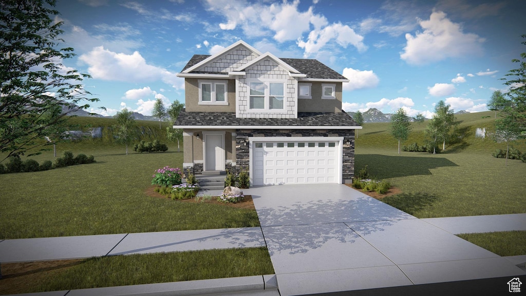 3747 W 950 N Unit 224, Lehi, UT 84043 - craftsman inspired home featuring driveway, stone siding, a front lawn, and an attached garage