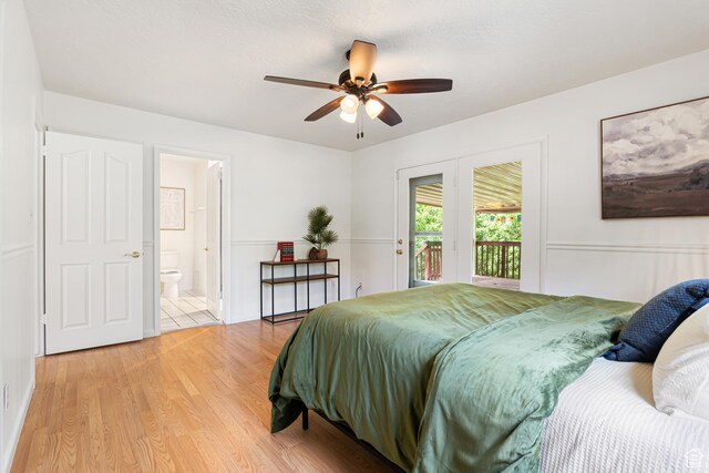 4115 Edgehill Dr, Ogden, UT 84403 - bedroom featuring access to exterior, light wood-style floors, ensuite bathroom, and ceiling fan