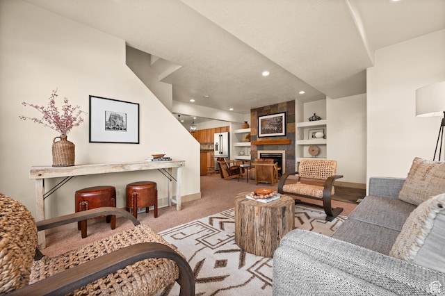 3702 S Arbroath Ln, South Salt Lake, UT 84115 - living area featuring light carpet, baseboards, a fireplace, recessed lighting, and built in shelves