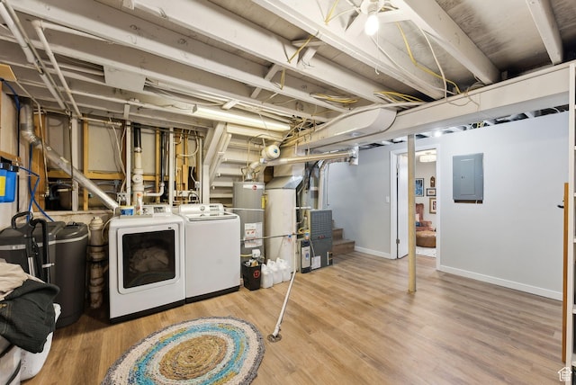 32 S Kingdon Ln E, North Salt Lake, UT 84054 - unfinished below grade area featuring washer and clothes dryer, electric panel, gas water heater, wood finished floors, and baseboards