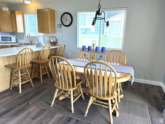 dining room with dark wood finished floors and baseboards