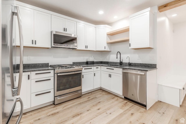 14943 S Auburn Sky Dr Unit 129, Draper, UT 84020 - kitchen with stainless steel appliances, light wood-type flooring, open shelves, white cabinets, and recessed lighting
