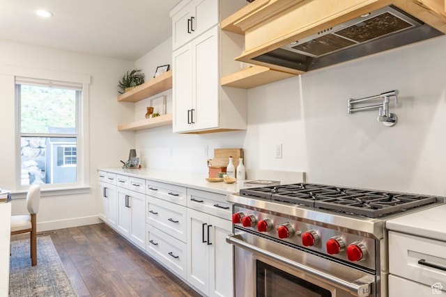 14943 S Auburn Sky Dr Unit 129, Draper, UT 84020 - kitchen featuring open shelves, high end stove, custom exhaust hood, light countertops, and dark wood-style floors