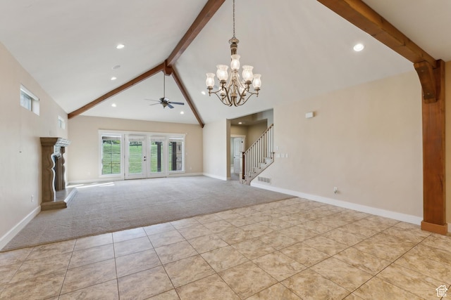 unfurnished living room with beamed ceiling, carpet, stairway, a chandelier, and a ceiling fan