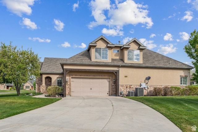 traditional home with stucco siding, concrete driveway, stone siding, and a front lawn