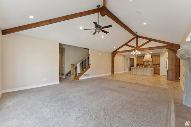 unfurnished living room with beamed ceiling, stairway, a chandelier, baseboards, and a ceiling fan