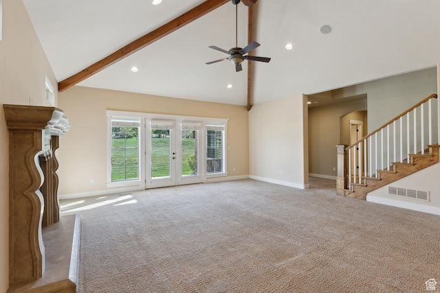 unfurnished living room with arched walkways, carpet floors, high vaulted ceiling, ceiling fan, and beamed ceiling