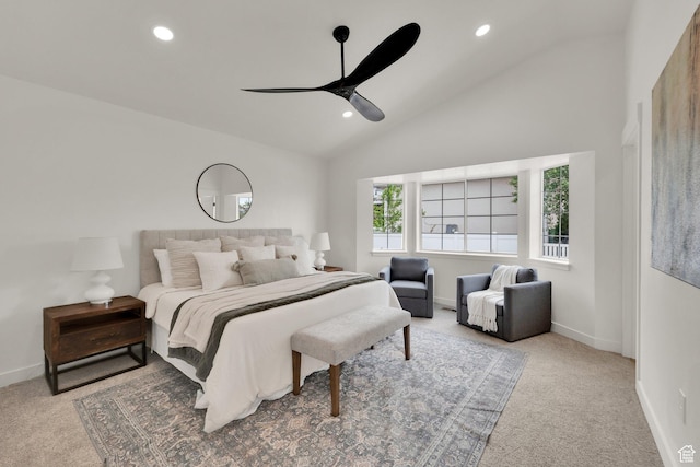 1128 N 850 E, Pleasant Grove, UT 84062 - carpeted bedroom featuring recessed lighting, baseboards, ceiling fan, and high vaulted ceiling