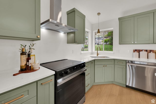 1128 N 850 E, Pleasant Grove, UT 84062 - kitchen featuring green cabinets, wall chimney exhaust hood, electric stove, and dishwasher
