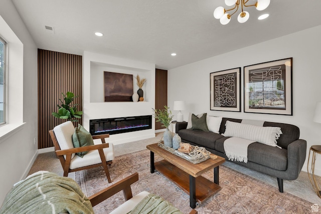 1128 N 850 E, Pleasant Grove, UT 84062 - living area featuring carpet floors, a chandelier, recessed lighting, a glass covered fireplace, and baseboards