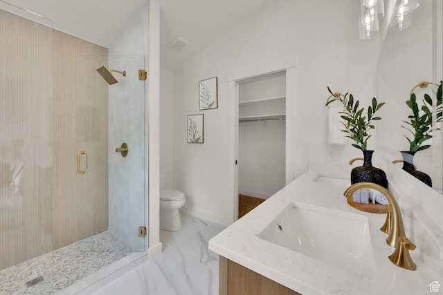 1128 N 850 E, Pleasant Grove, UT 84062 - full bath featuring a stall shower, lofted ceiling, toilet, marble finish floors, and double vanity