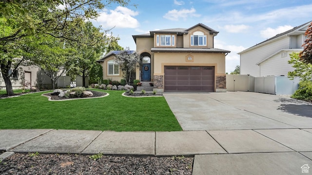 traditional home featuring driveway, stucco siding, a garage, and stone siding