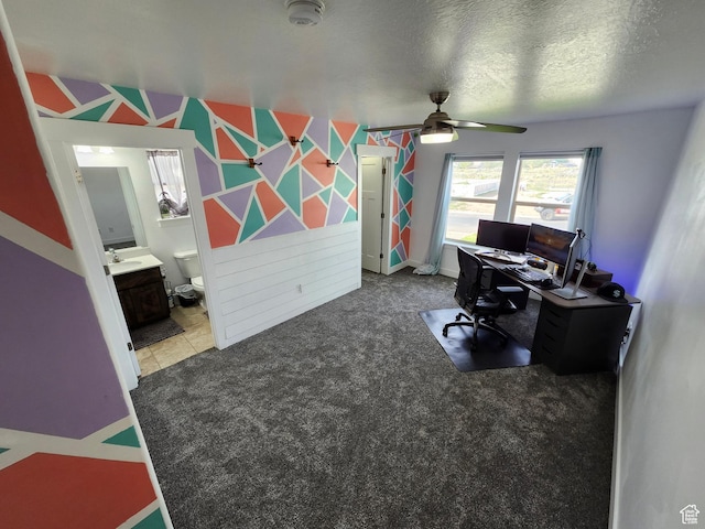9362 N Sunnyvale Dr, Eagle Mountain, UT 84005 - home office featuring ceiling fan, a sink, and a textured ceiling