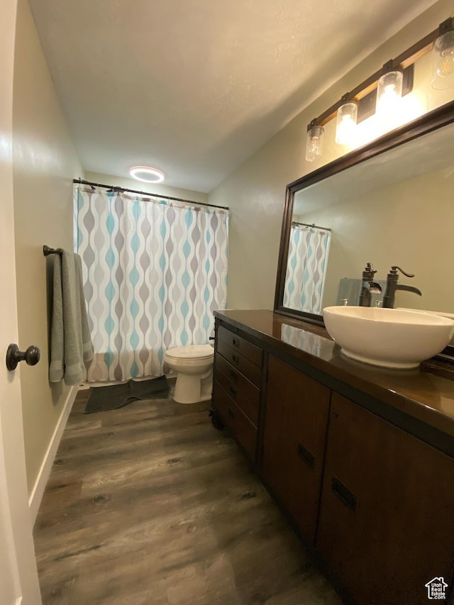 9362 N Sunnyvale Dr, Eagle Mountain, UT 84005 - bathroom featuring vanity, wood finished floors, toilet, and curtained shower