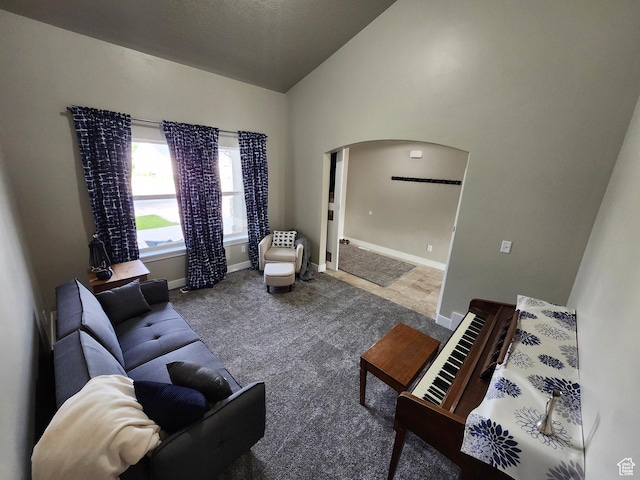 9362 N Sunnyvale Dr, Eagle Mountain, UT 84005 - carpeted living room with arched walkways, vaulted ceiling, and baseboards